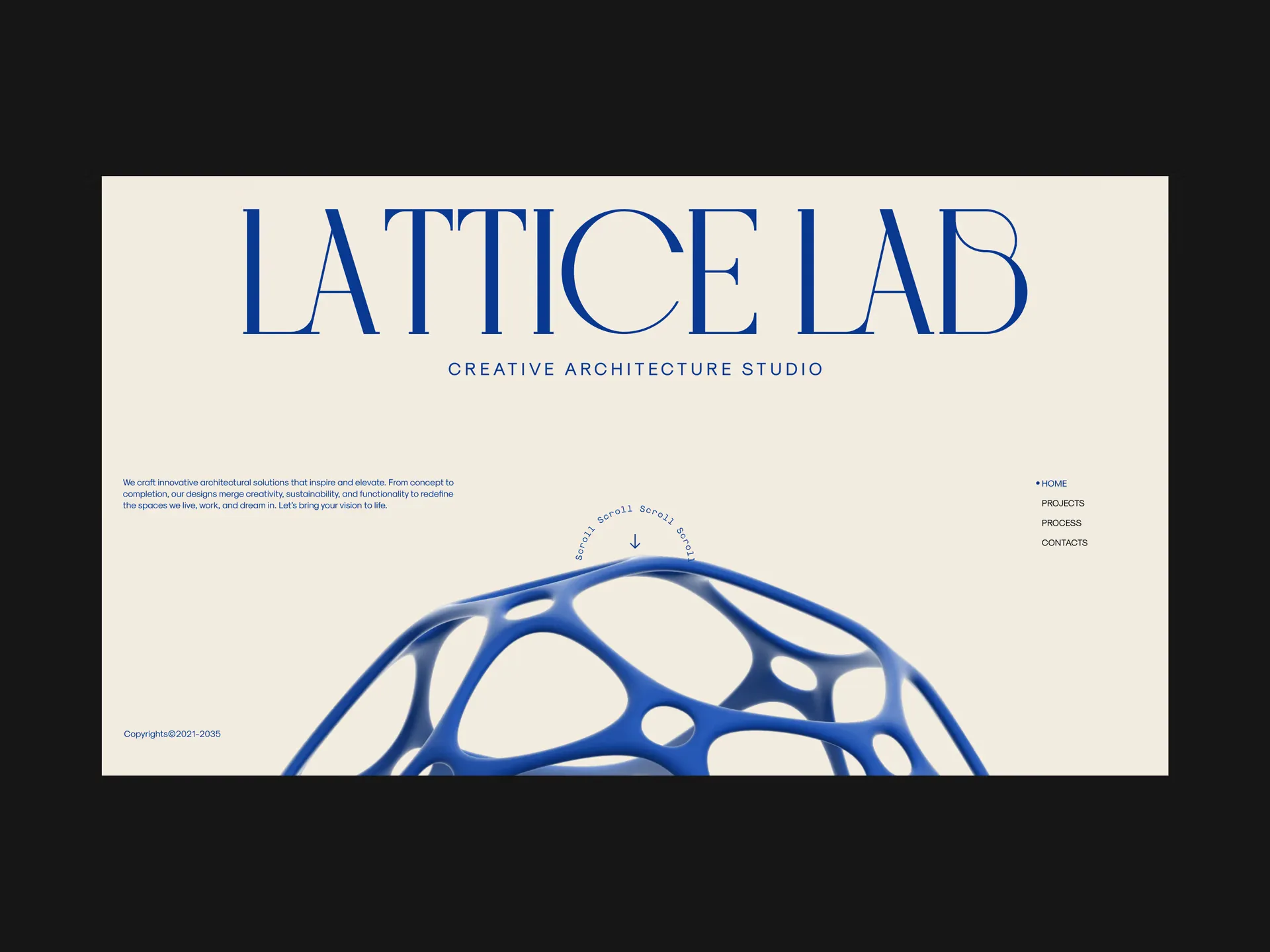 Website homepage of Lattice Lab creative architecture studio featuring a blue lattice structure and navigation menu with home, projects, process, and contacts.