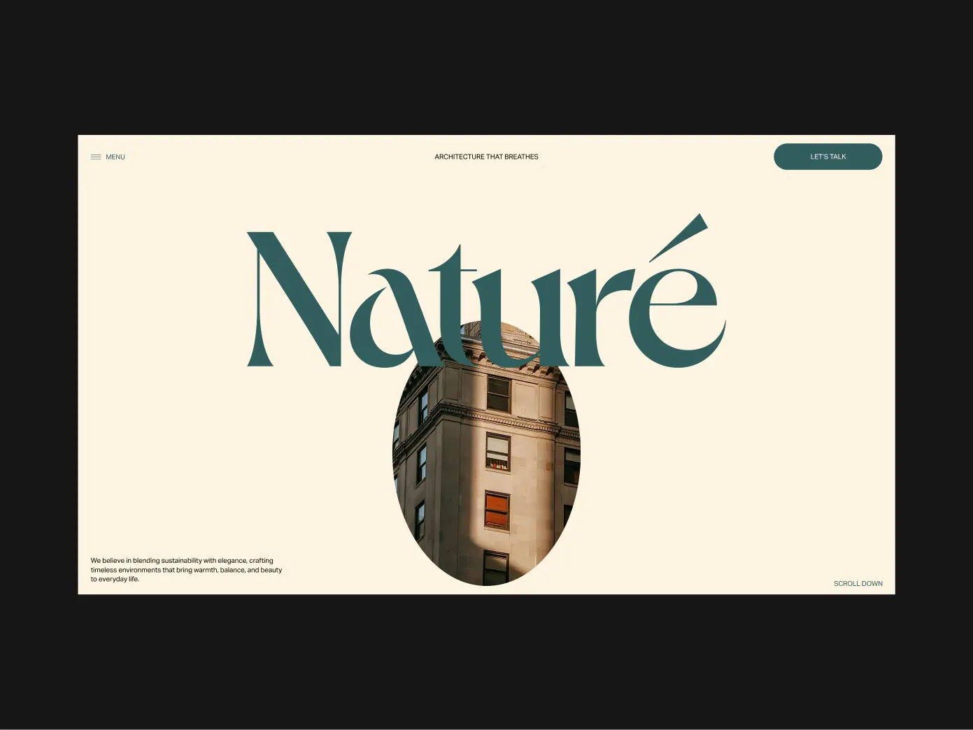 Website landing page with large text 'Naturé' over a beige background and an oval crop of a building corner with windows in sunlight.