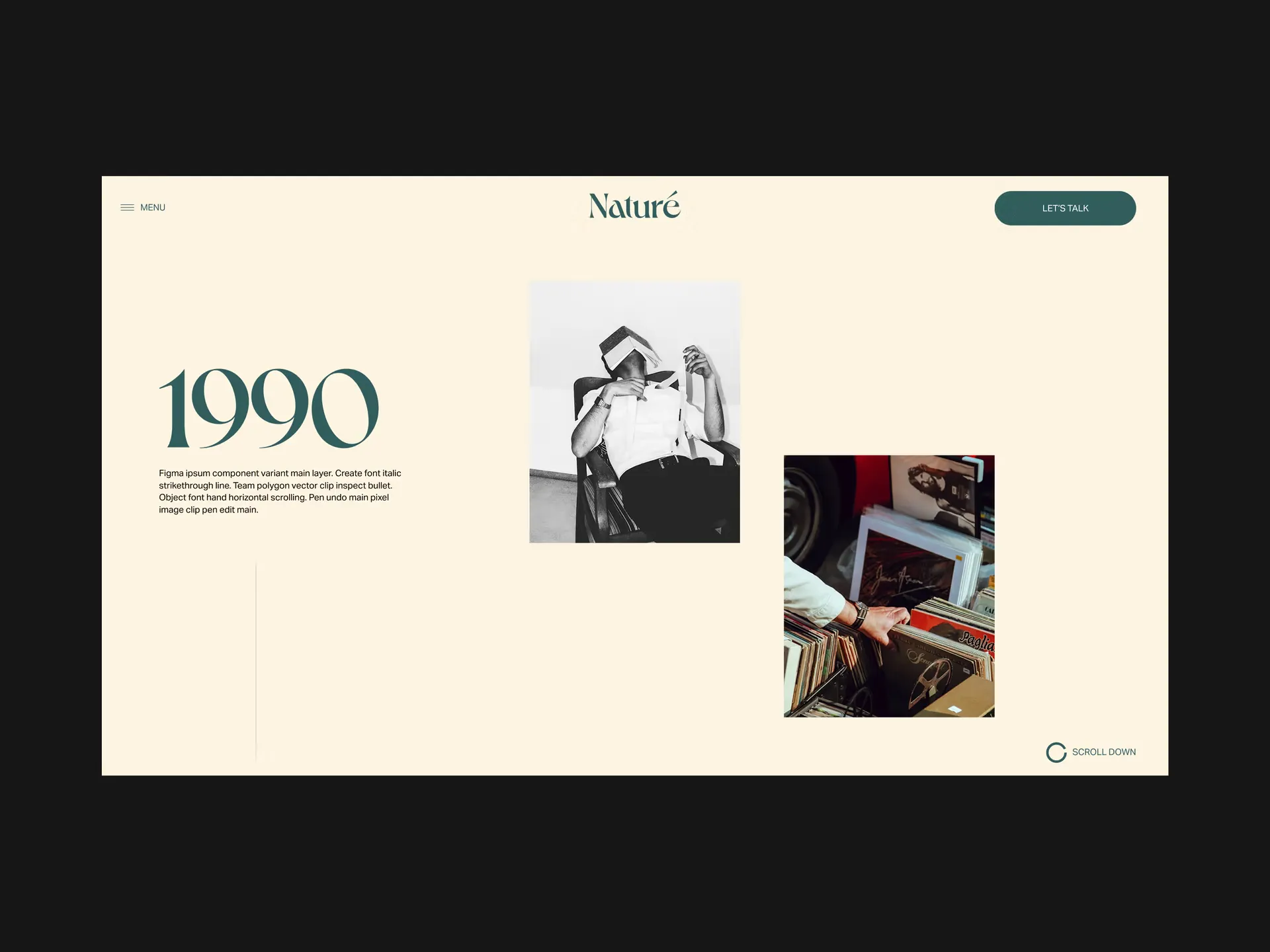 Website design for Naturé featuring large 1990 text, a person seated with books covering their face, and a hand browsing vinyl records.