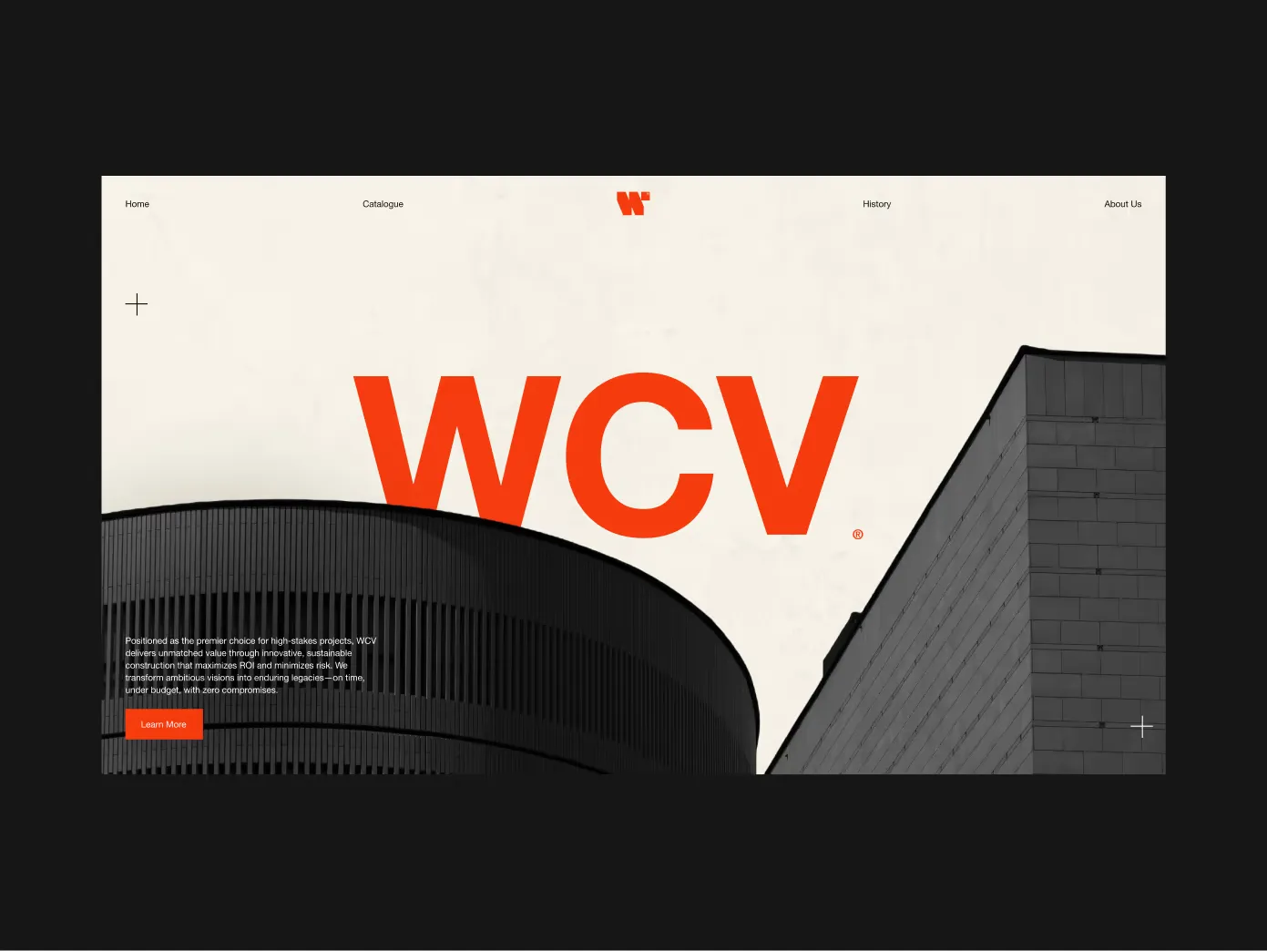 Modern black architectural buildings with large red WCV letters on a beige background and a brief company description with a Learn More button.