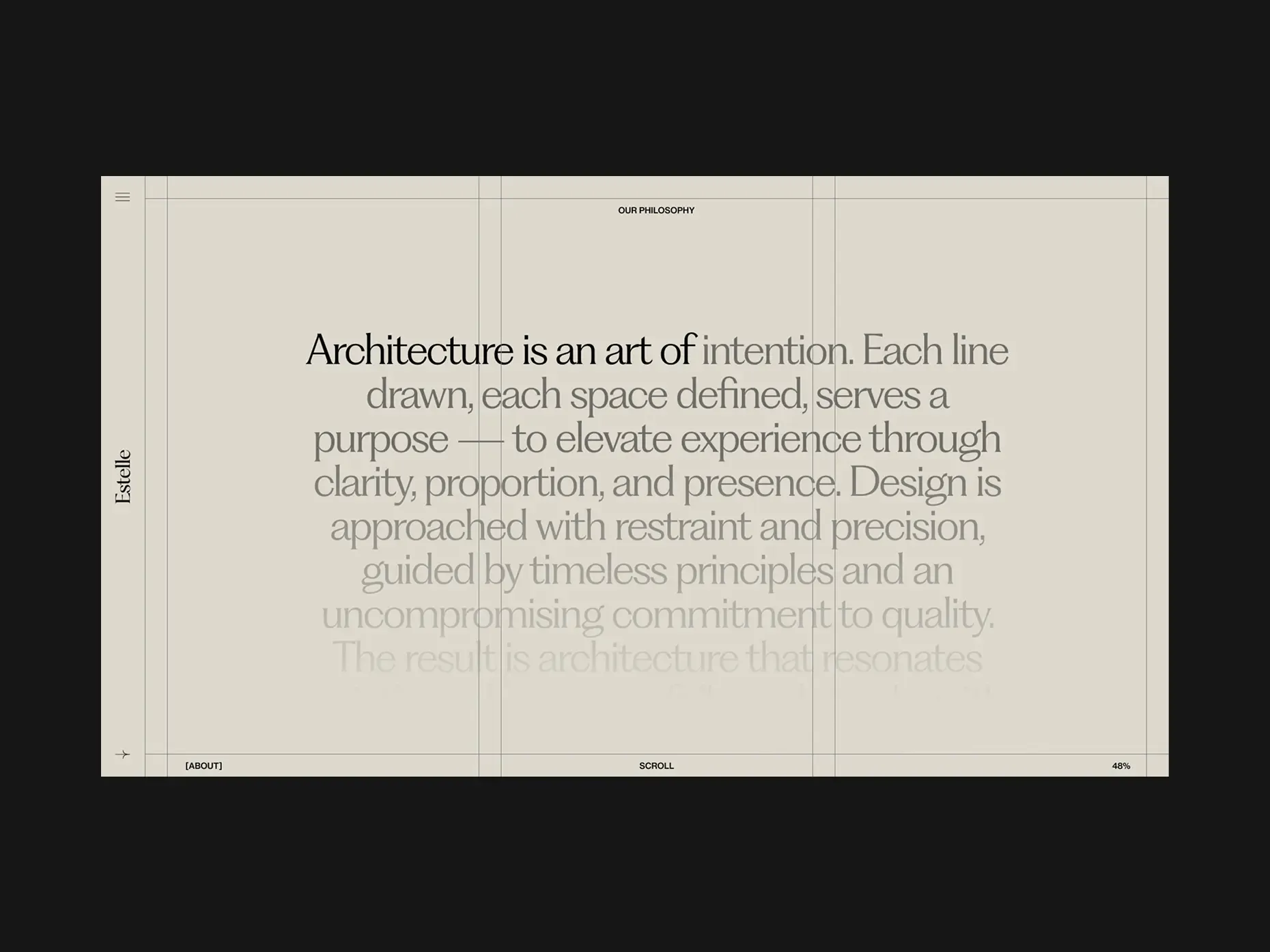 Minimalist webpage layout featuring a central quote about architecture emphasizing intention, clarity, proportion, and quality.