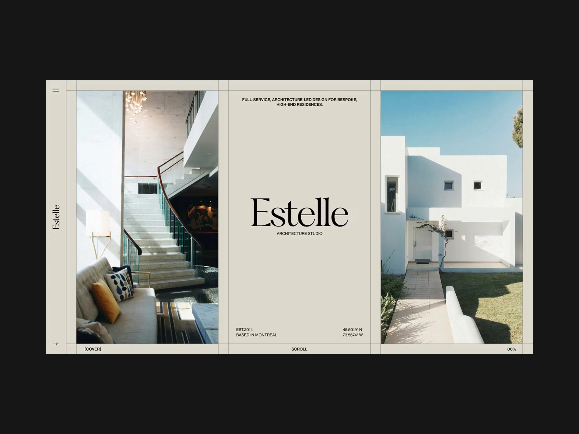 Website homepage for Estelle Architecture Studio featuring a modern interior staircase with a sofa on the left and a white contemporary house exterior on the right.