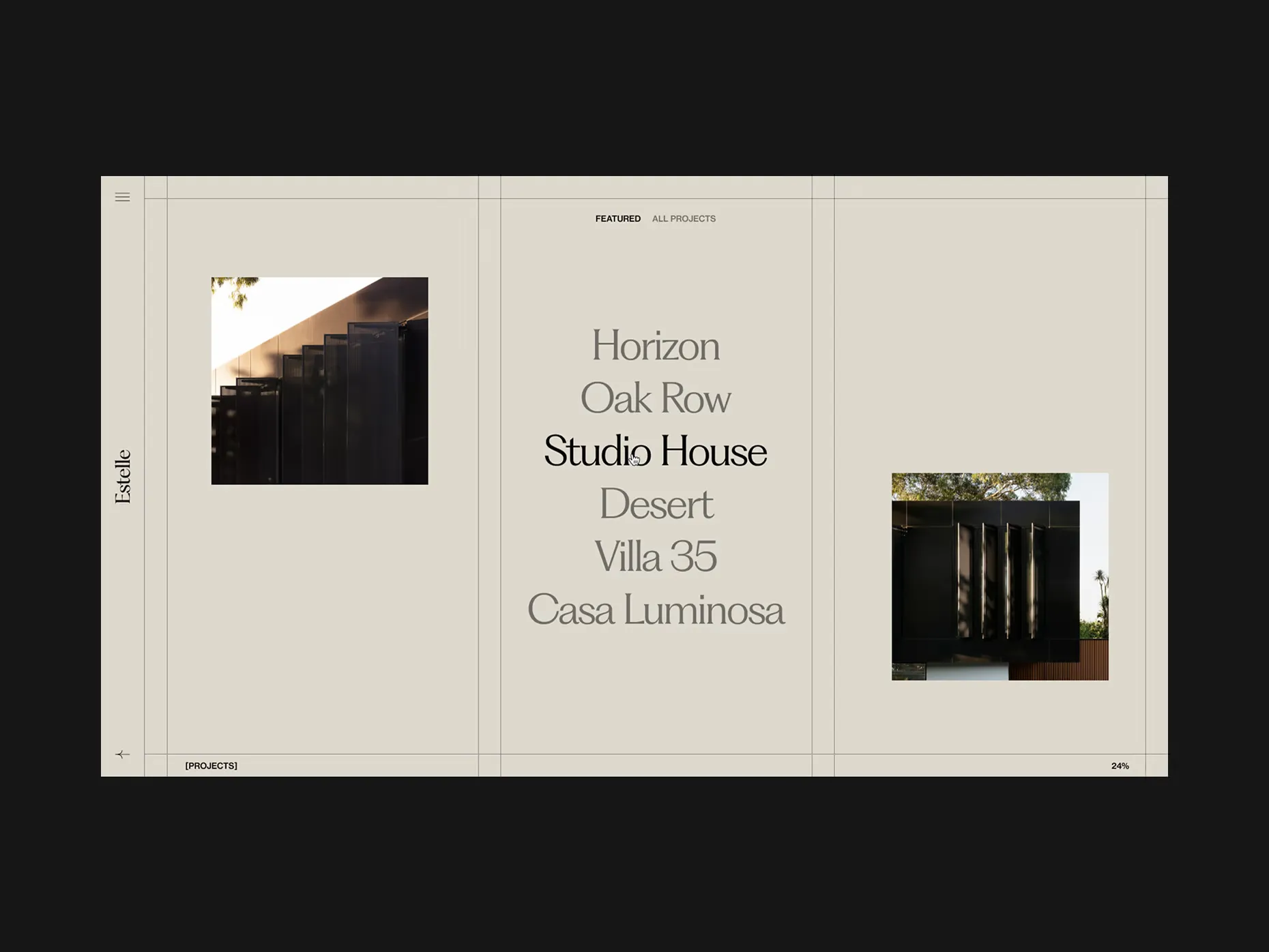 Website page showing a project list with highlighted 'Studio House' and modern black architectural elements on both sides.