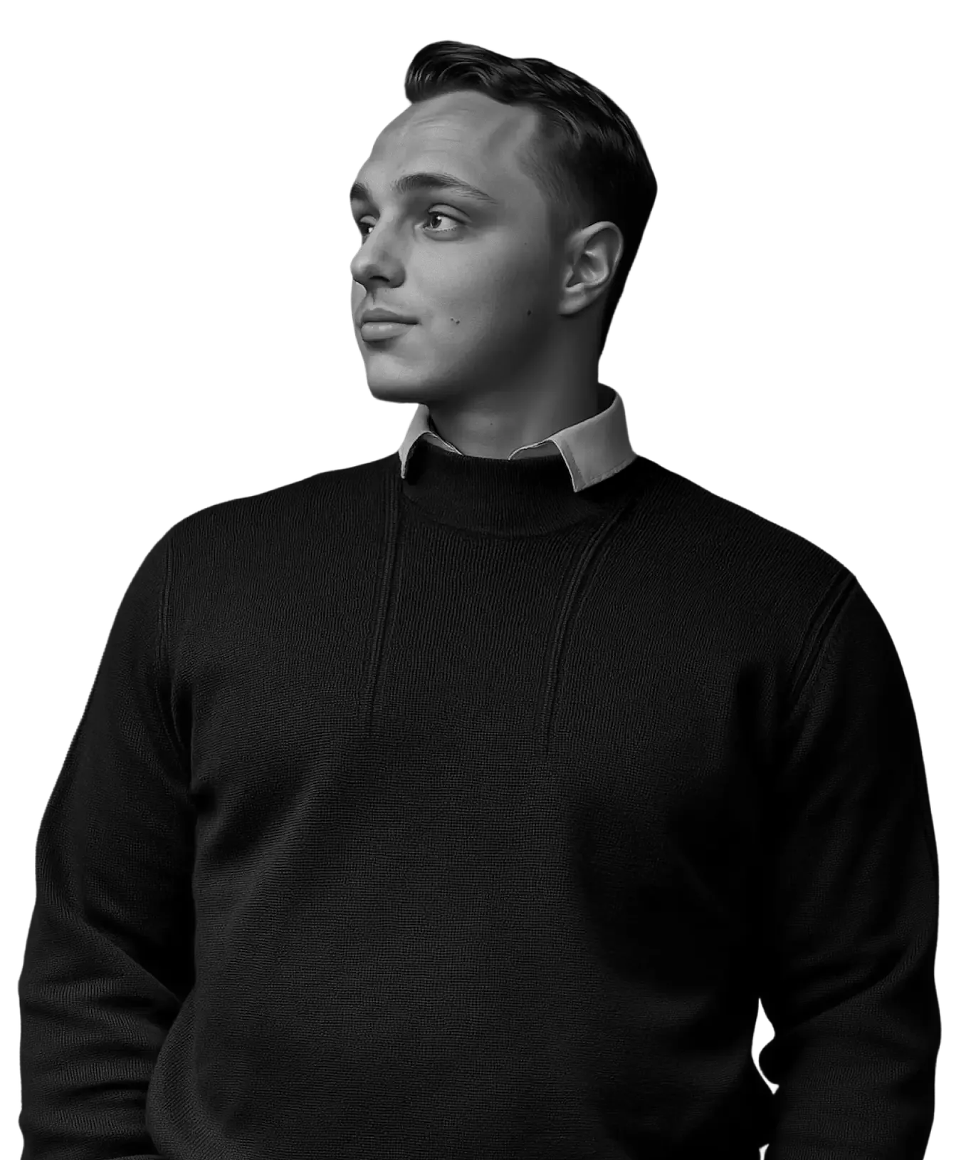 Bogdan Kolomiyets in a black sweater with a white collar.