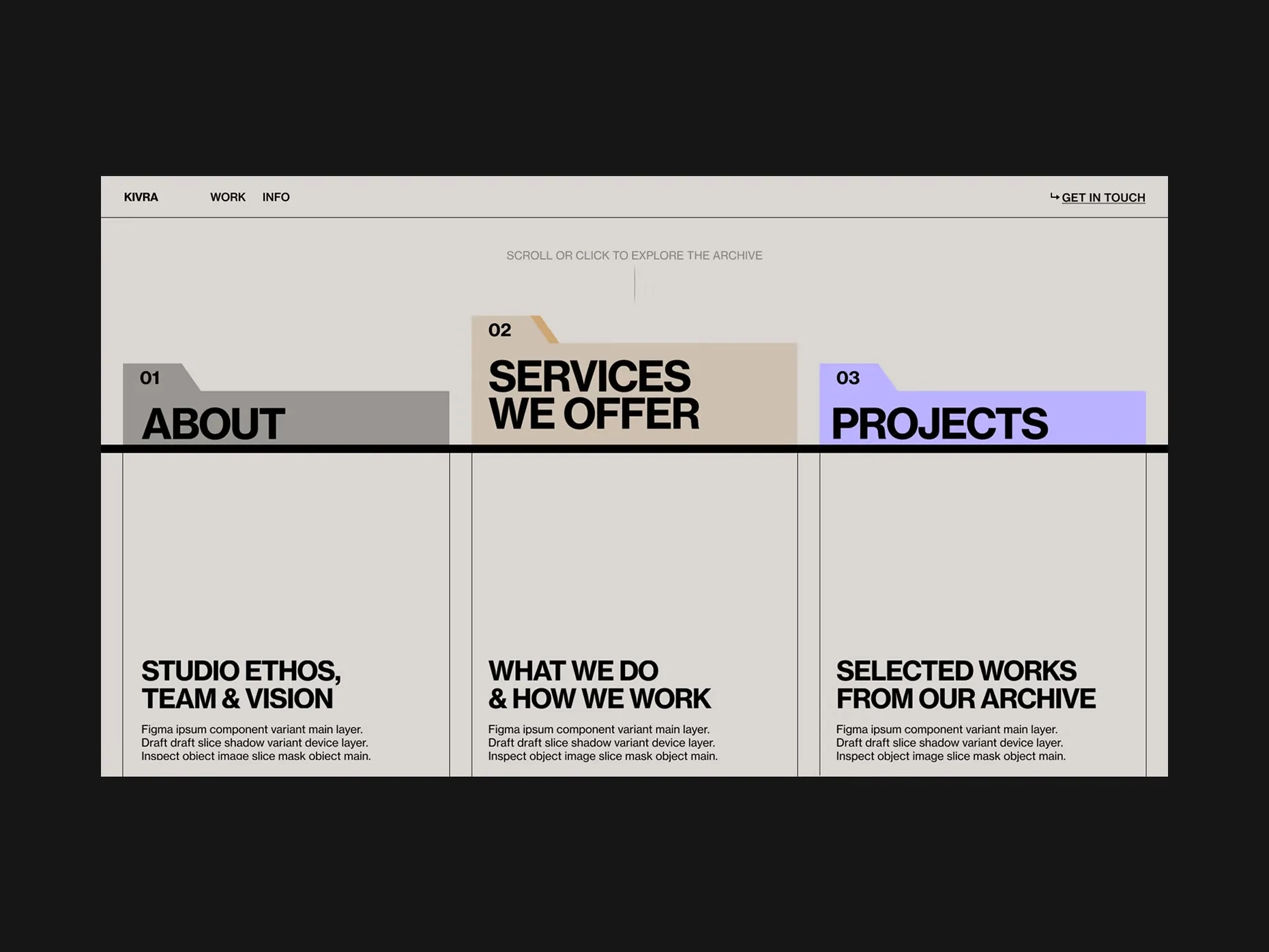 Website archive navigation section with three tabs labeled About, Services We Offer, and Projects, each with brief descriptions.