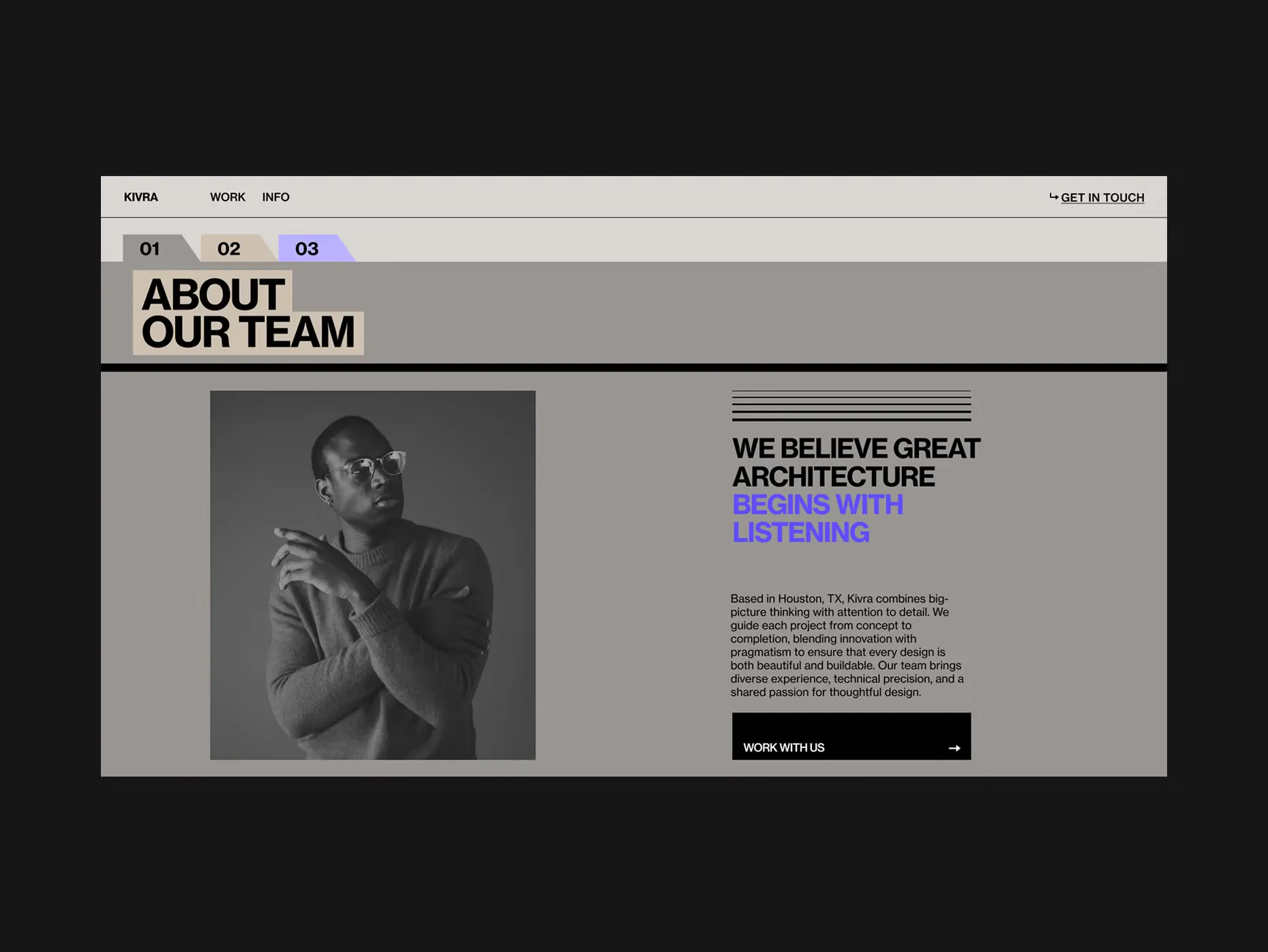 A man with glasses in a sweater posing thoughtfully, next to text about the architecture team and their philosophy.
