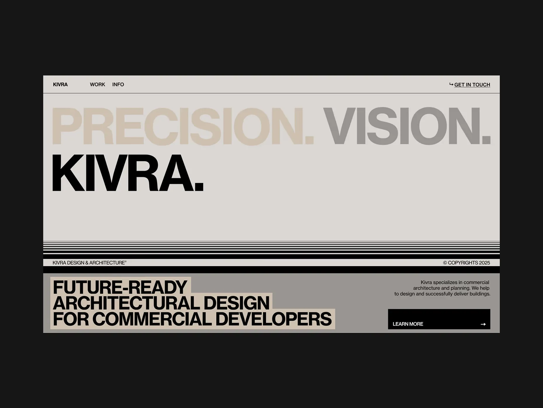 Kivra website homepage with bold text highlighting precision, vision, and future-ready architectural design for commercial developers.