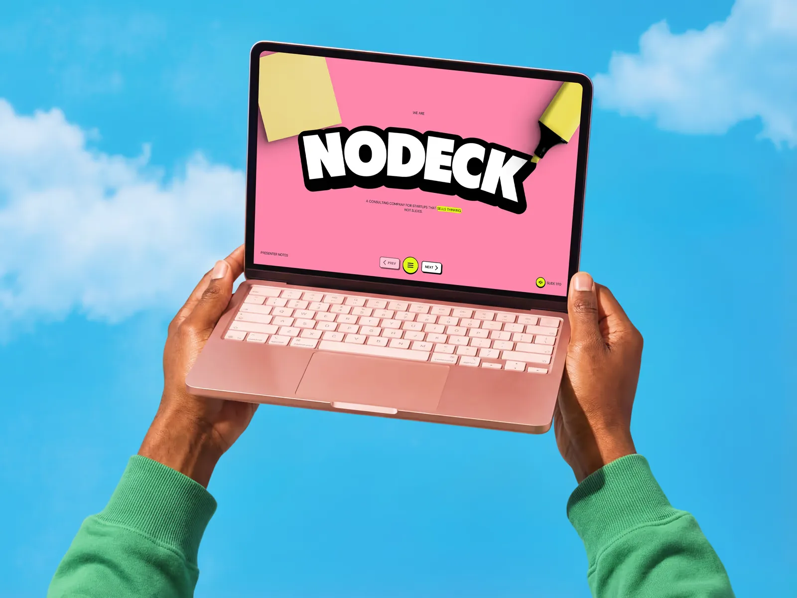 Nodeck website cover slide with bold NODECK lettering on a pink presentation screen.