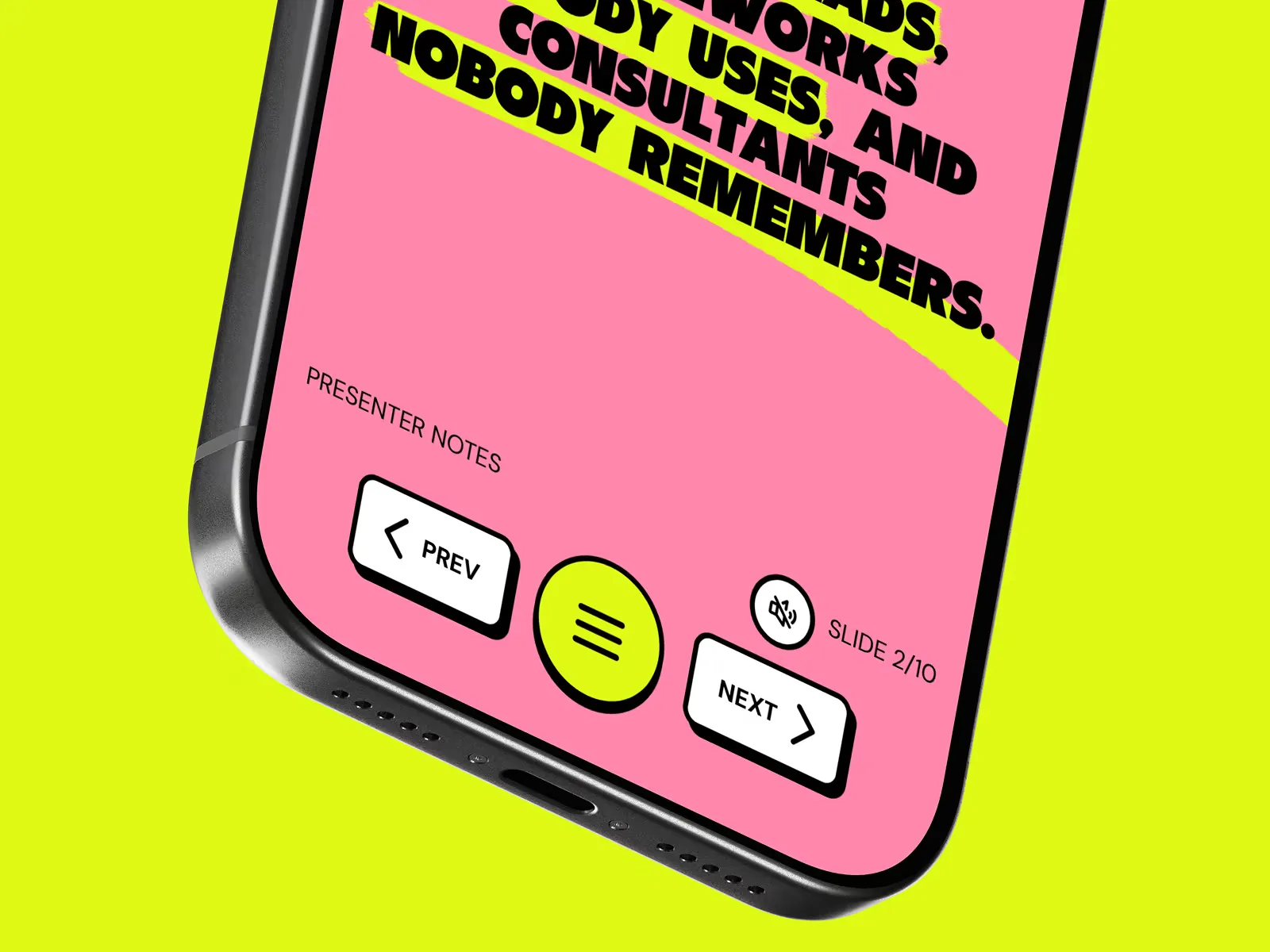 Close-up of a phone showing Nodeck presenter notes with Prev, menu, and Next controls on a pink slide.
