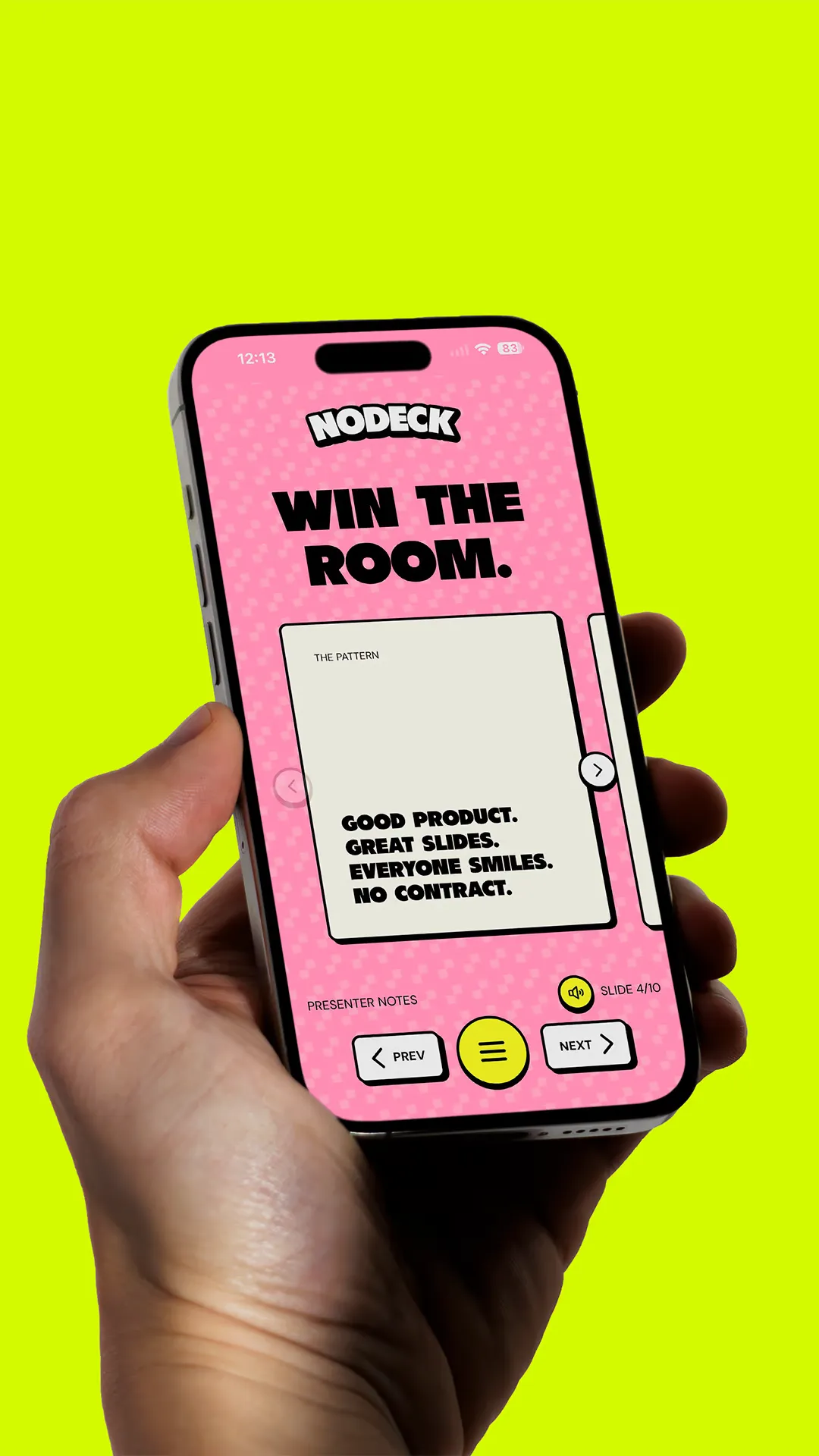 Hand holding a phone showing the Nodeck website with a pink patterned screen and Win the Room headline.