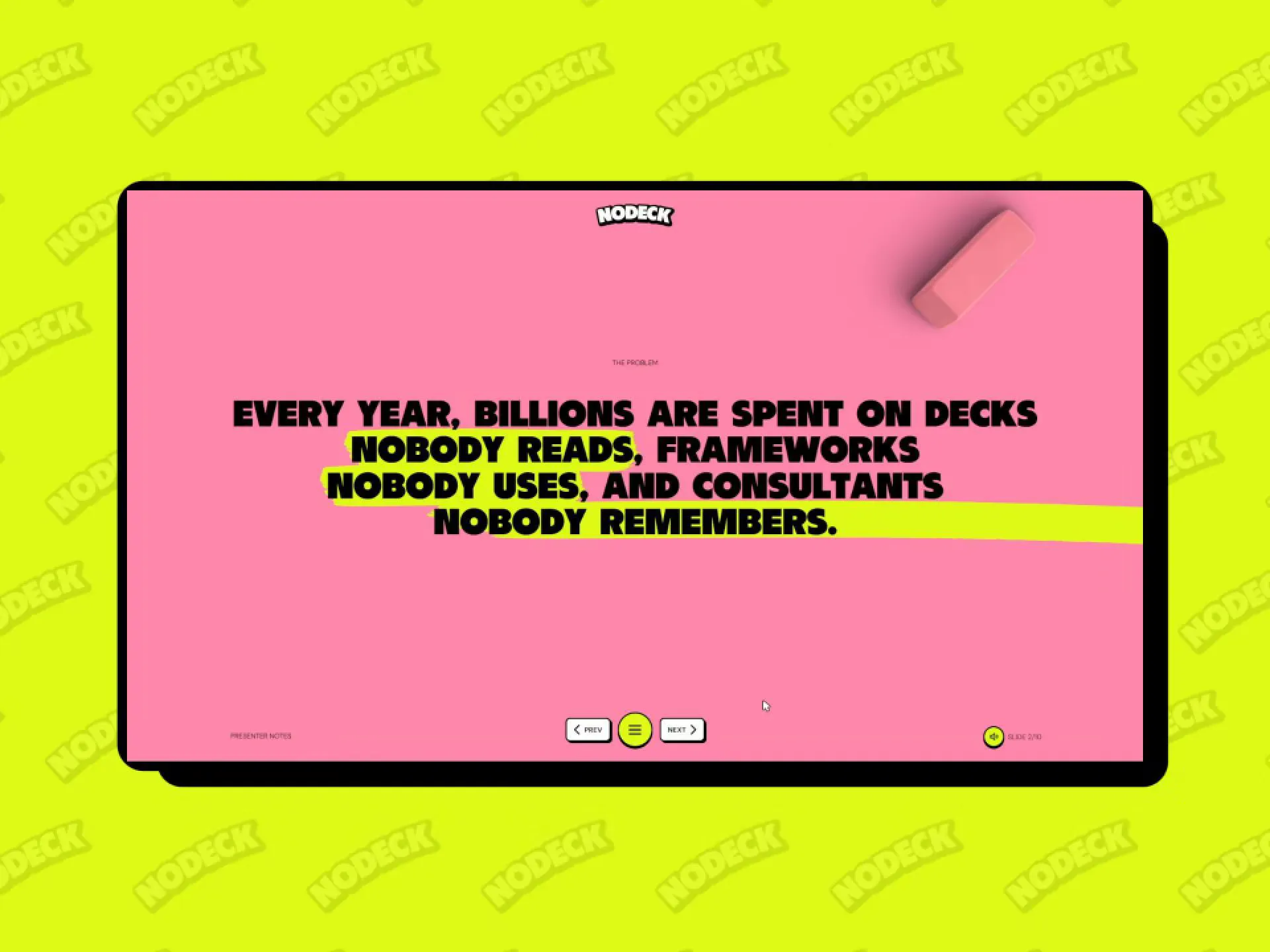 Nodeck slide transition across the presentation-style website.