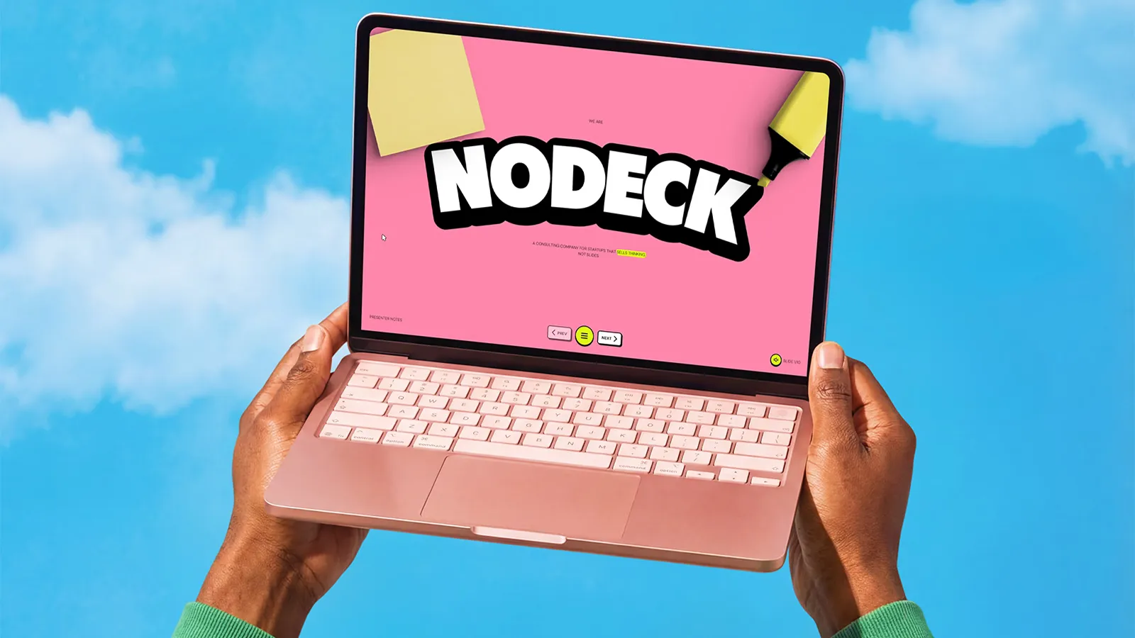 Nodeck logo arched over a pixel-art character on a neon lime background.