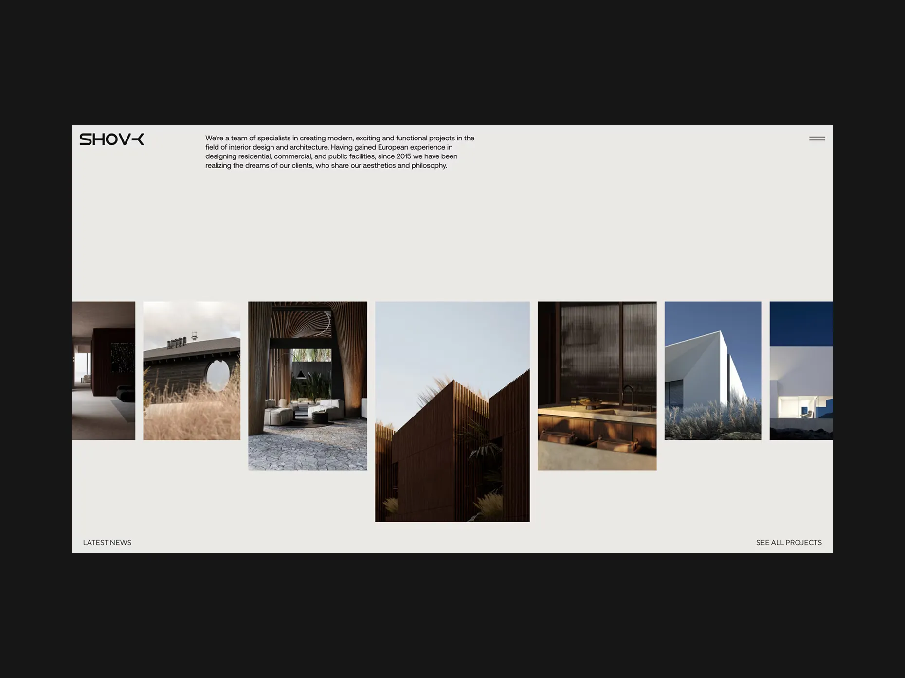 Website homepage featuring modern architectural projects with minimalist design and text about a design team.