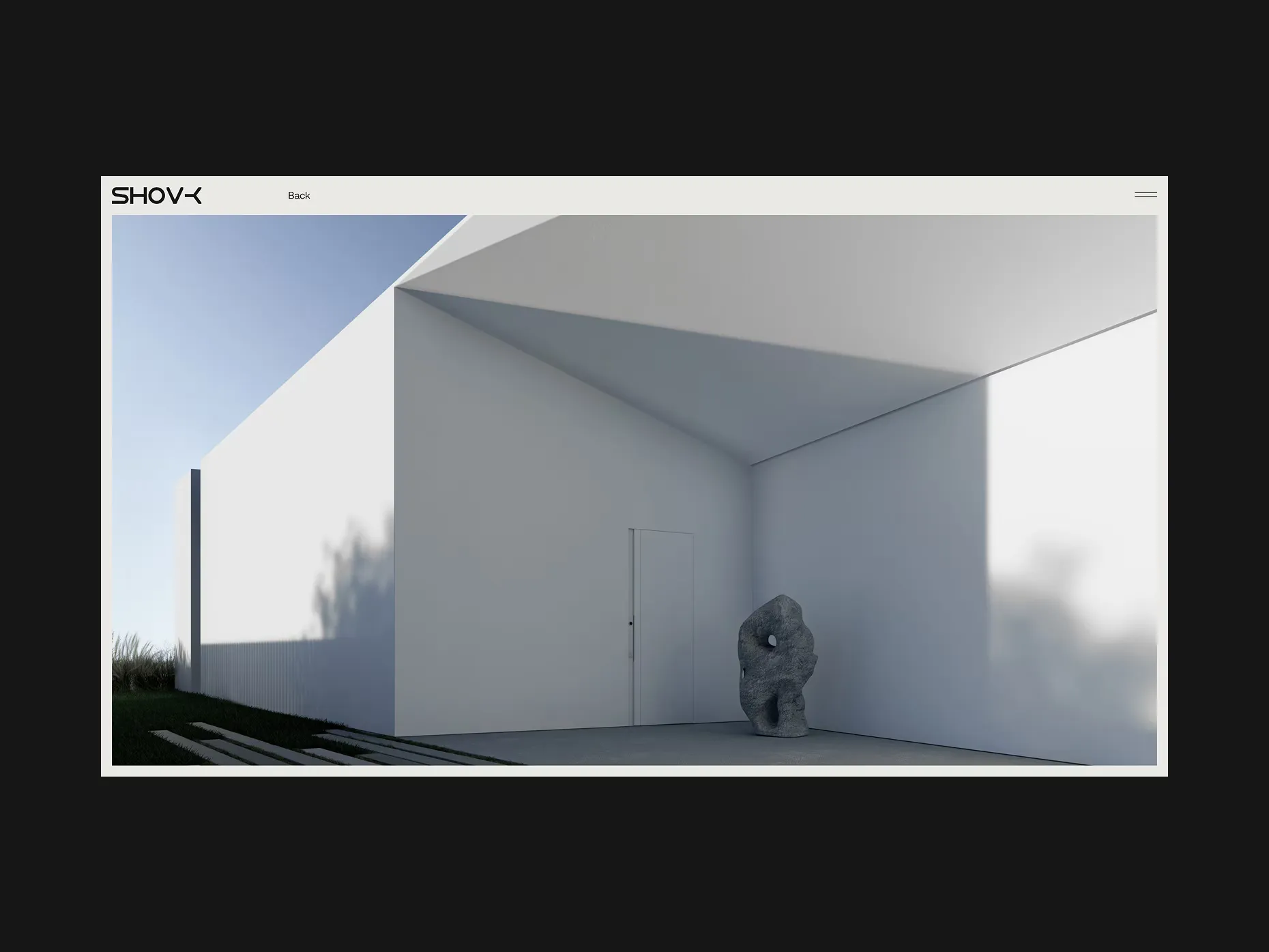 Website homepage featuring modern architectural projects with minimalist design and text about a design team.