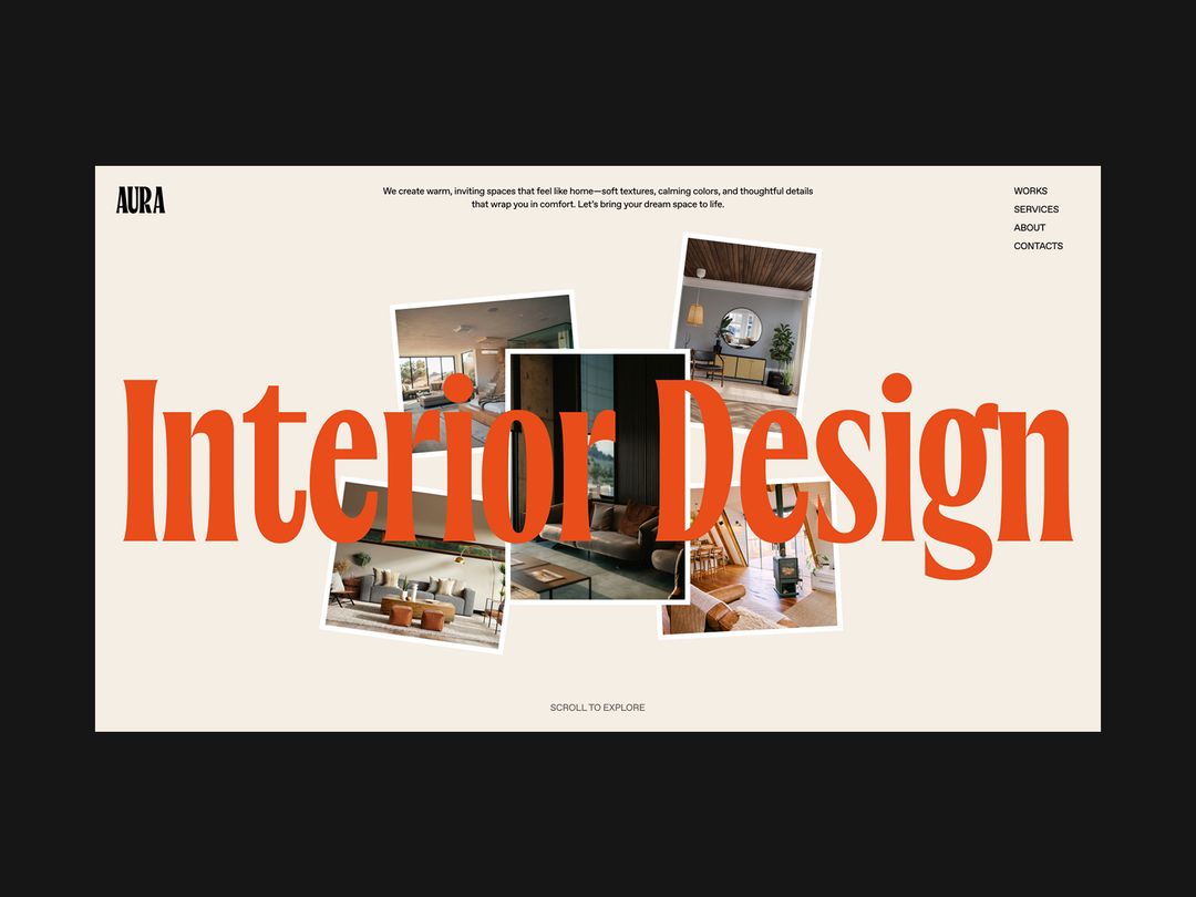 Website homepage for Aura Interior Design featuring a beige background with the phrase 'Interior Design' in large orange letters overlaid on a collage of home interior photos.