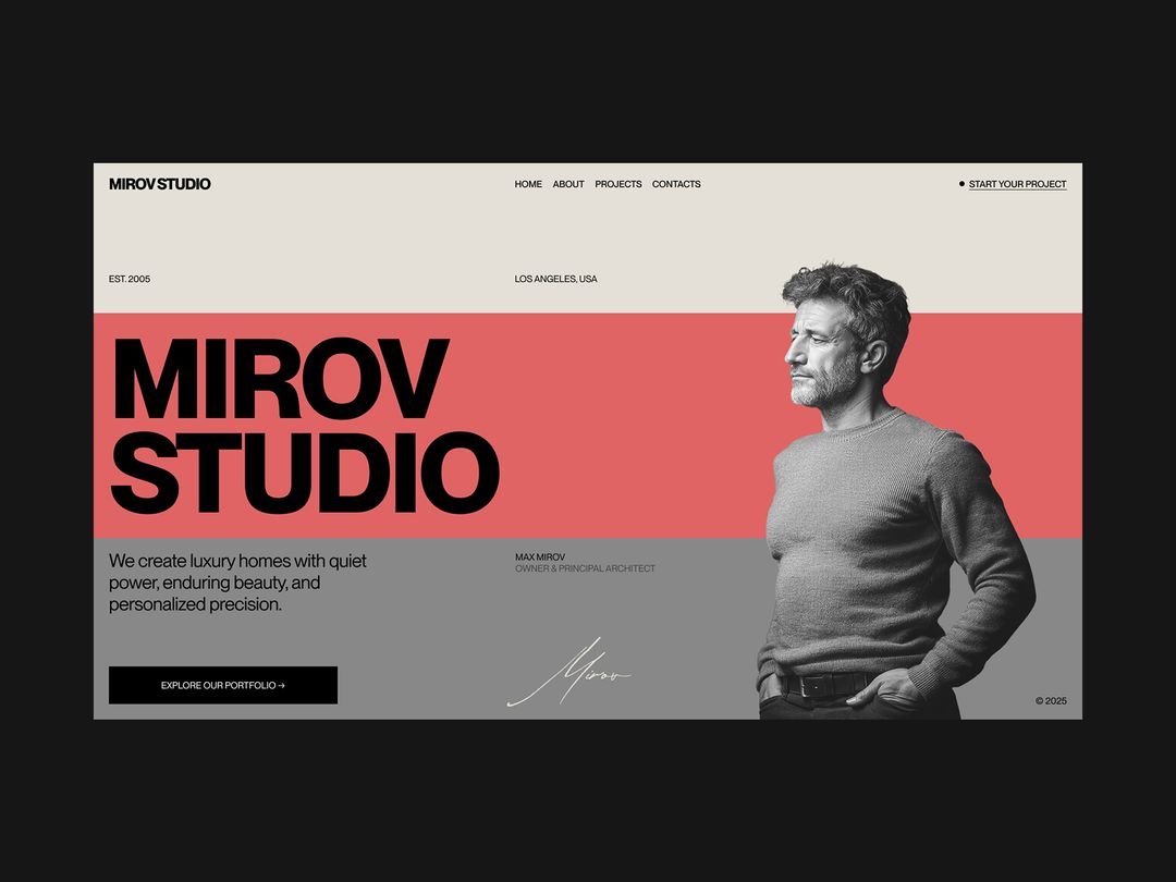 Website homepage for Mirov Studio featuring a black-and-white photo of a man in a sweater looking to the right, with large bold text and a red and gray color block background.