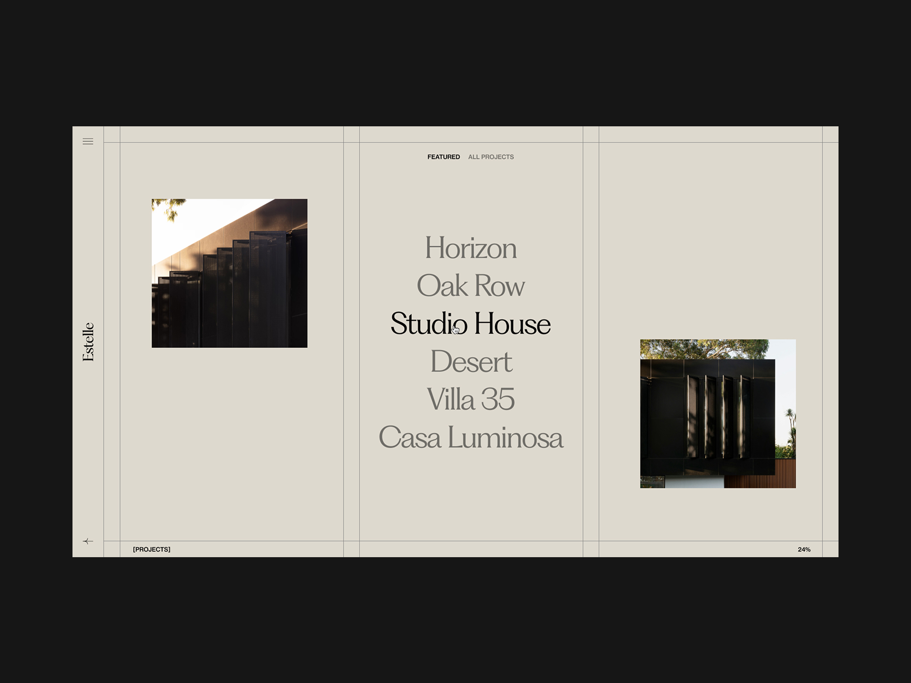 Website page showing a project list with highlighted 'Studio House' and photos of modern black architectural elements on both sides.