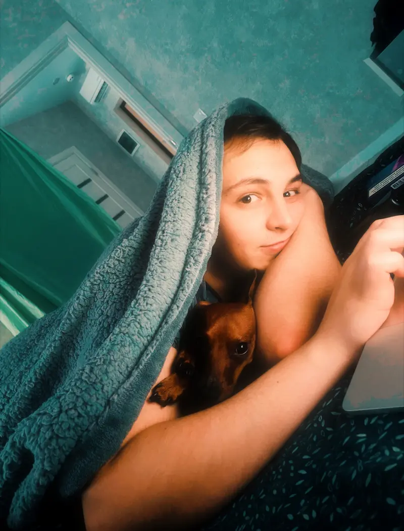 Person covered by a blue blanket cuddling a small brown dog while using a laptop.