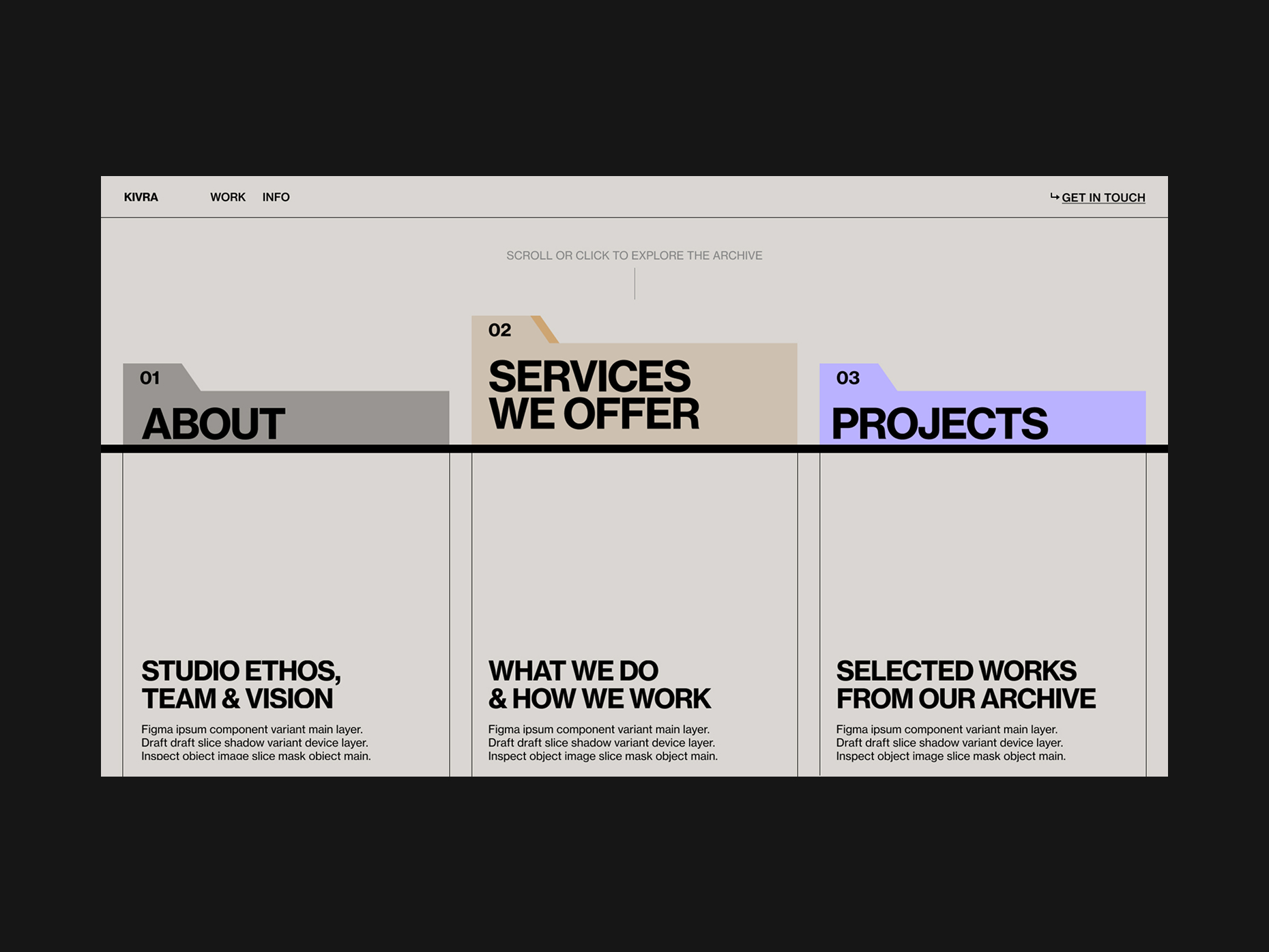 Website archive navigation section with three tabs labeled About, Services We Offer, and Projects, each with brief descriptions.