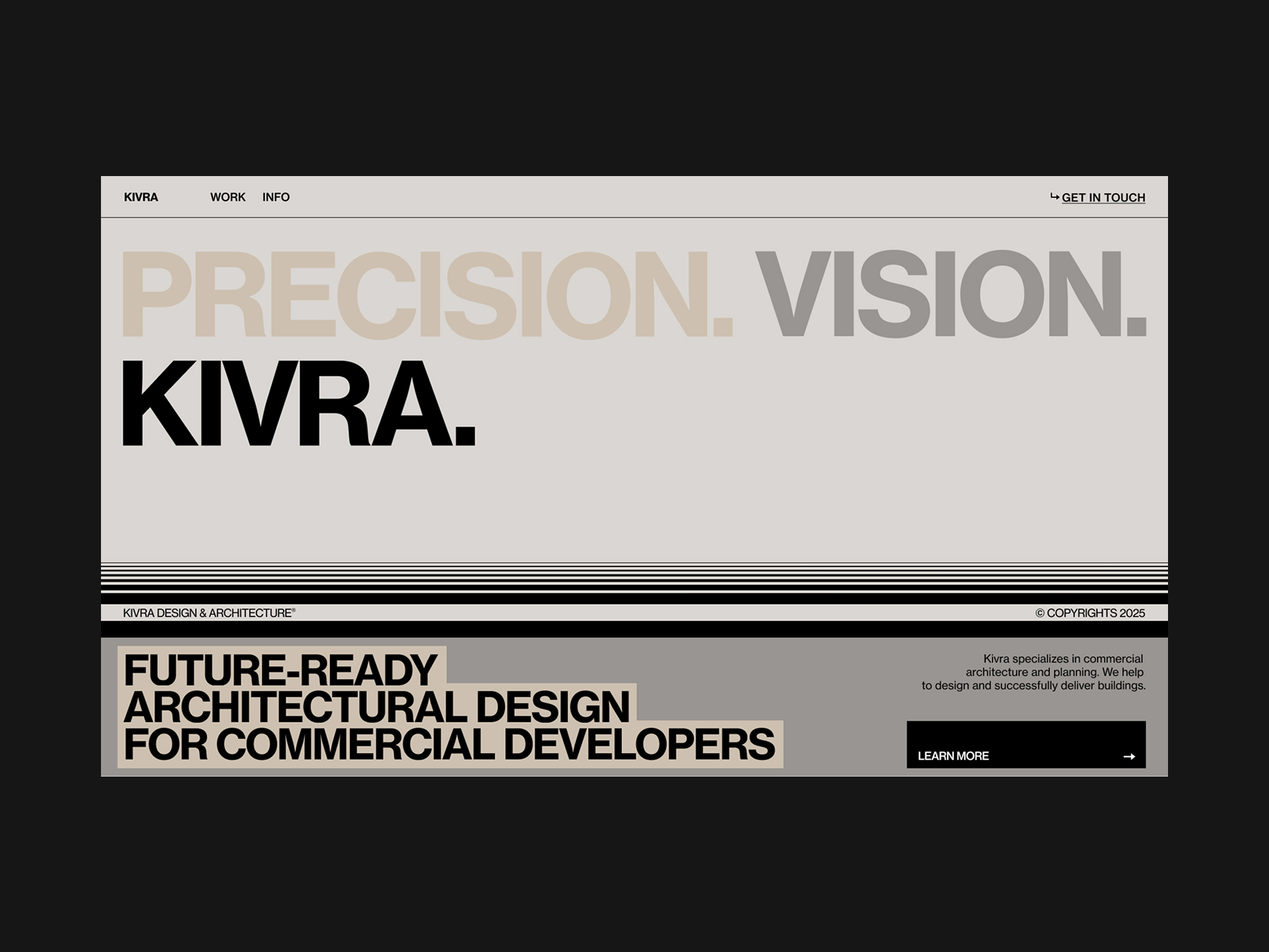 Kivra website homepage with bold text highlighting precision, vision, and future-ready architectural design for commercial developers.