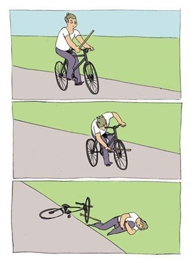 Three-panel cartoon of a man riding a bicycle while holding a stick, then looking down to grab the stick, and finally falling off the bike onto the ground.