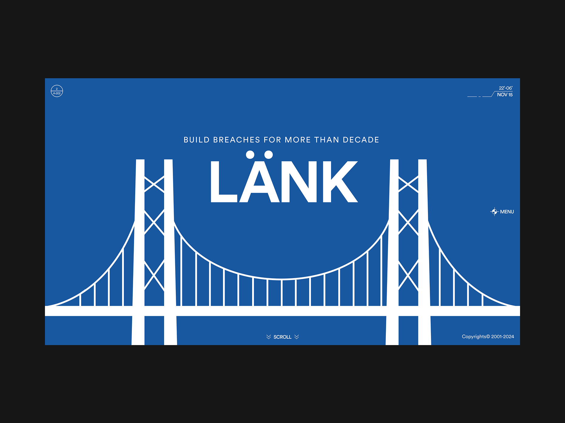 Minimalistic landing page for LÄNK construction company, showing stylized bridge branding on a blue background.