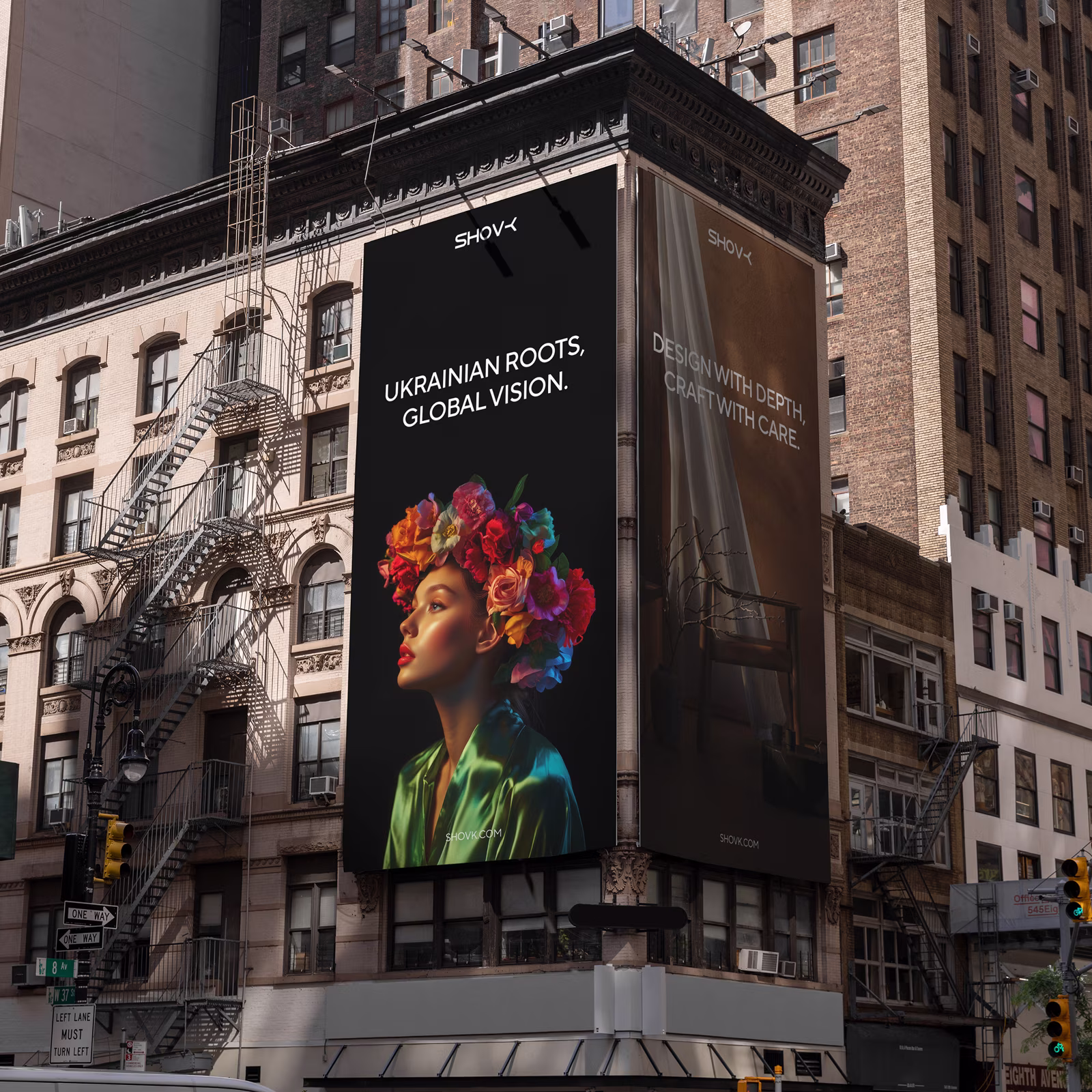 Large-scale SHOVK advertising banners on a city building, featuring the tagline 'Ukrainian Roots, Global Vision' and a vibrant portrait with a flower headdress.