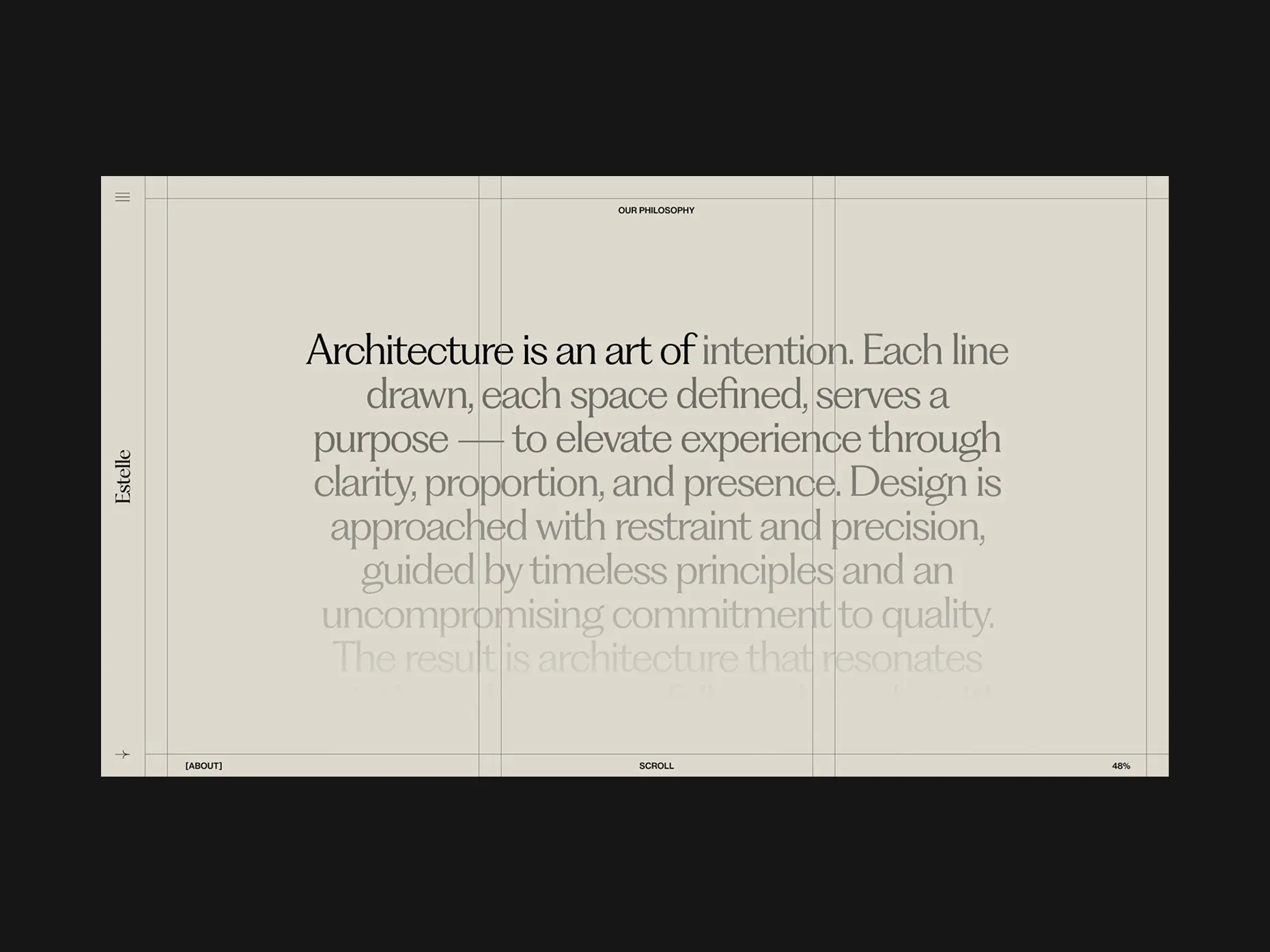 Minimalist website section for Estelle architecture studio, displaying the brand's philosophy statement with elegant typography on a neutral grid background.