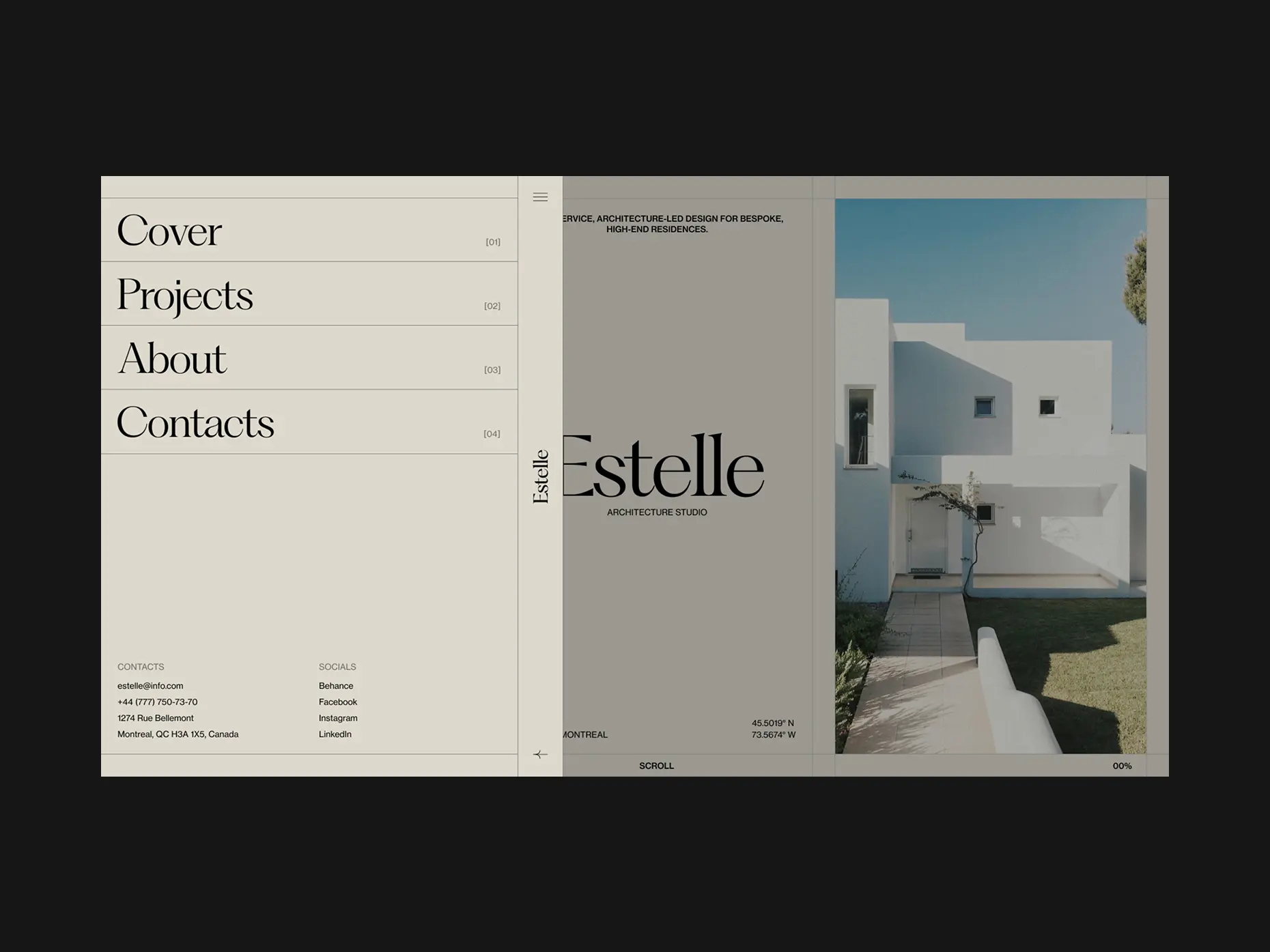 Navigation overlay of Estelle architecture studio’s website, showing a sidebar menu with Cover, Projects, About, and Contacts, alongside a project preview image of a minimalist white house.
