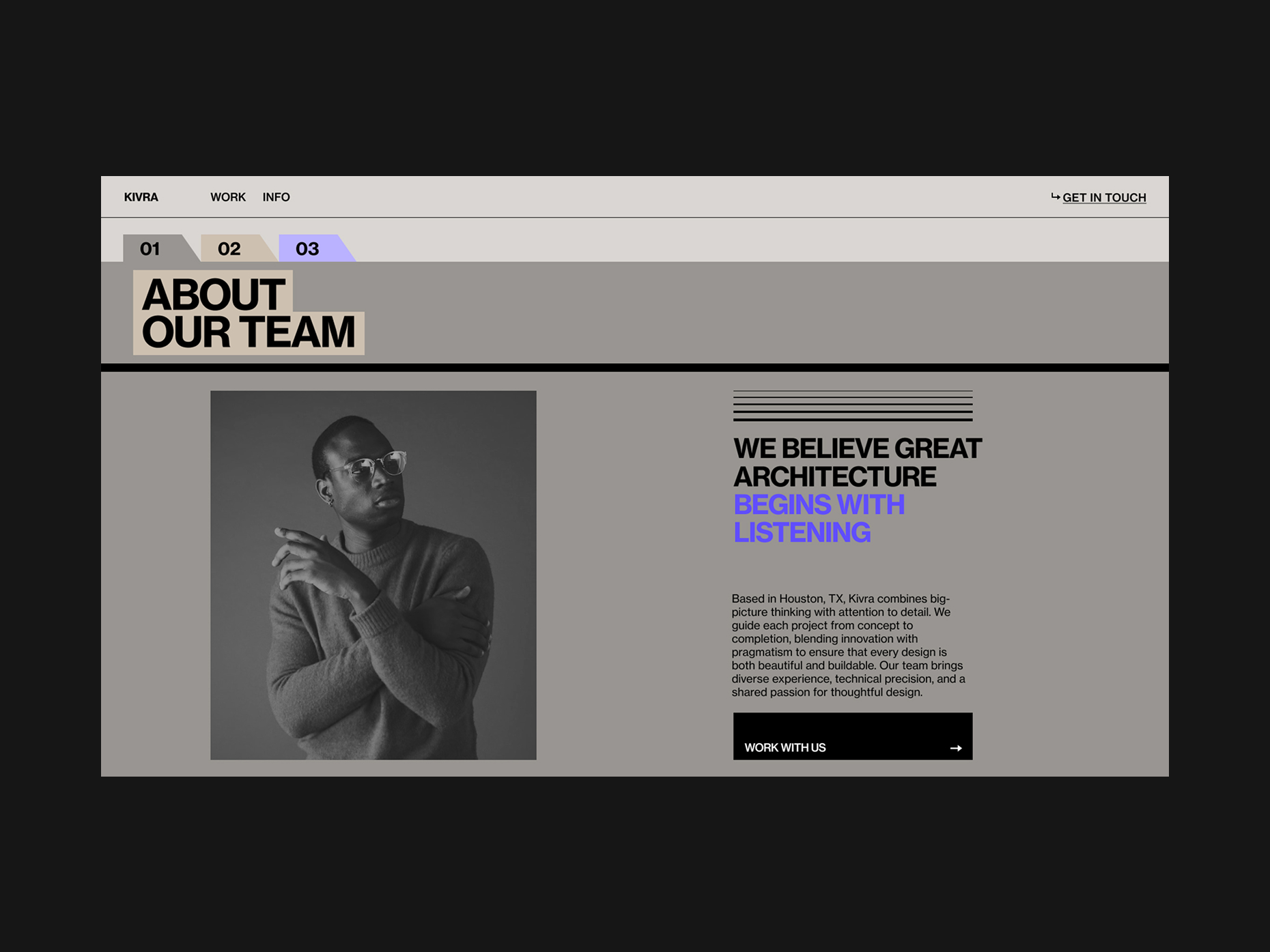 About Our Team page for KIVRA studio, featuring a monochrome portrait of a team member and a mission statement in bold typography.