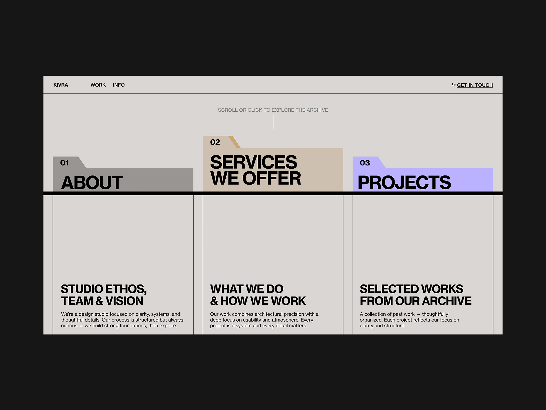 Services overview section for KIVRA architecture studio, highlighting main tabs for About, Services We Offer, and Projects with large contrasting headers.